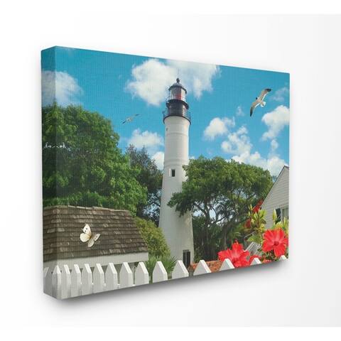 The Stupell Home Decor Key West Light House with Picket Fence Butterfly and Seagull Canvas Wall Art, 11x14, Proudly Made in USA