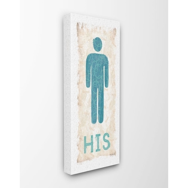 The Stupell Home Decor Blue and Tan His Bathroom Burlap Texture Typography with Icon Canvas Wall Art, 10x24, Proudly Made in USA