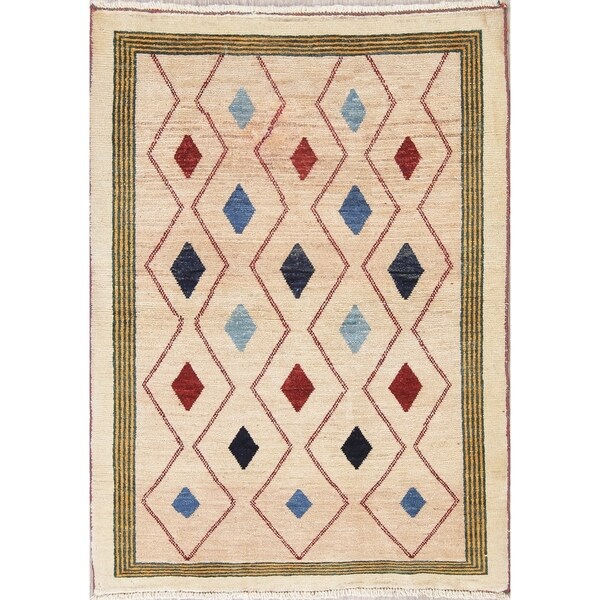 Traditional Gabbeh Persian Wool Hand-Knotted Diamond Oriental Area Rug - 4'8" x 3'4"