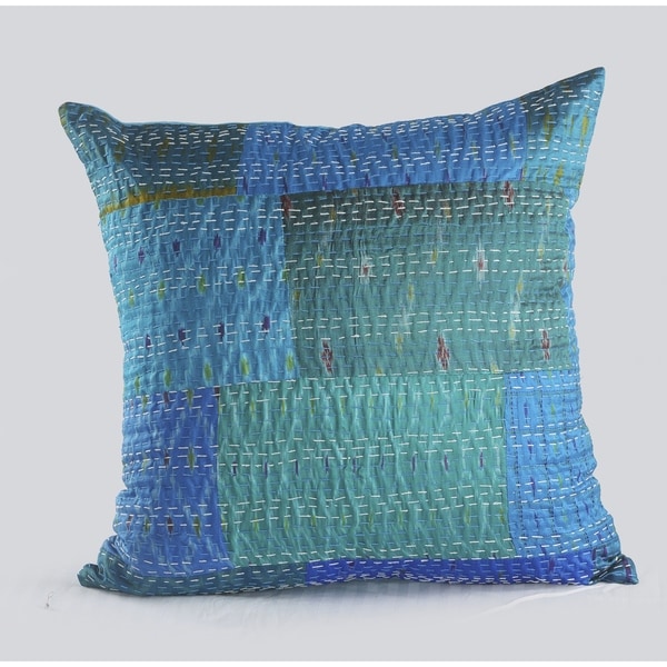 LR Home Color Block Blue Kantha Throw Pillow