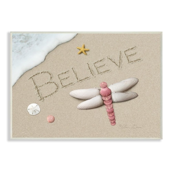 The Stupell Home Decor Believe Written In Sand With Starfish Sand Dollar Wall Plaque Art, 10x15, Proudly Made in USA