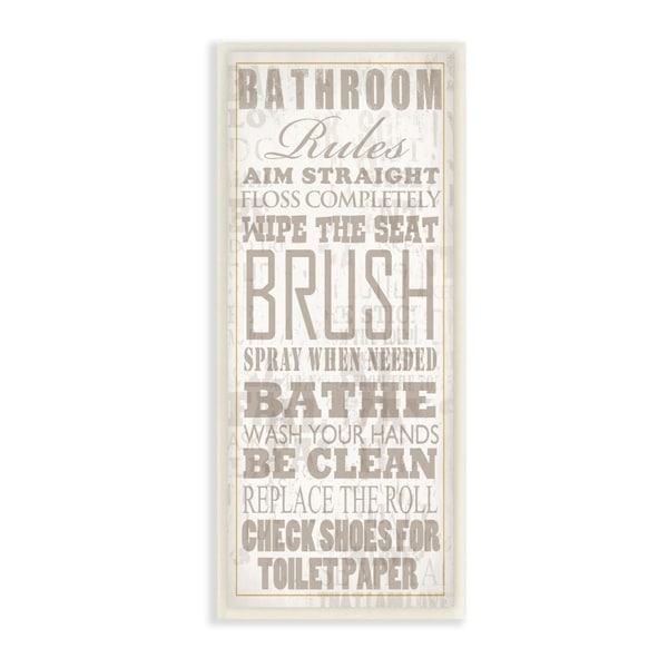 The Stupell Home Decor Bathroom Rules Tan and White Distressed Overlay Typography Wall Plaque Art, 7x17, Proudly Made in USA