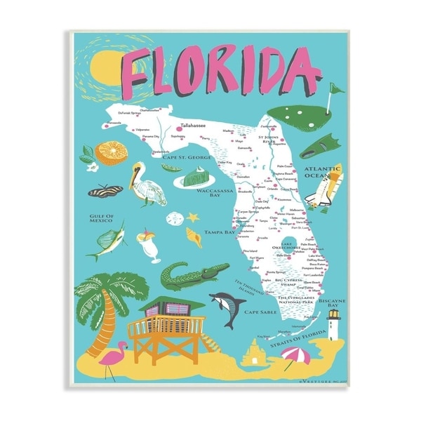 The Stupell Home Decor Florida Teal Blue and Pink Illustrated Scenic Map Poster Wall Plaque Art, 10x15, Proudly Made in USA