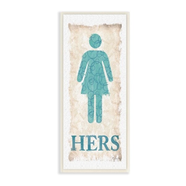 The Stupell Home Decor Blue and Tan Her Bathroom Texture Typography with Icon Wall Plaque Art, 7x17, Proudly Made in USA