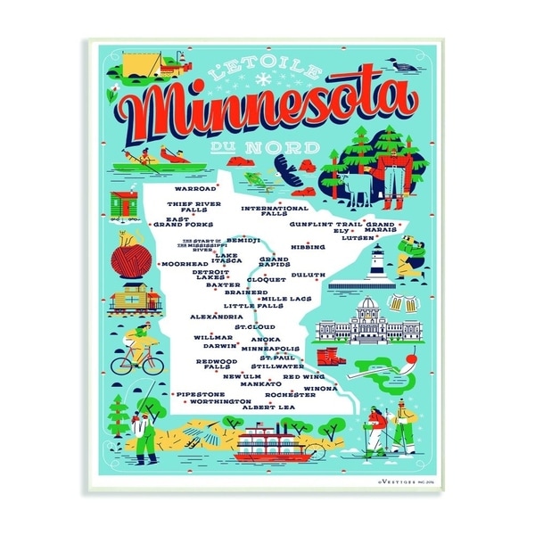 The Stupell Home Decor Minnesota Light Blue and Red Illustrated Scenic Map Poster Wall Plaque Art, 10x15, Proudly Made in USA