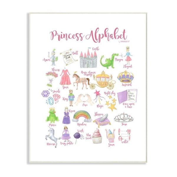 The Kids Room by Stupell Watercolor Princess Alphabet with Castle Dragon and Crown Wall Plaque Art, 10x15, Proudly Made in USA