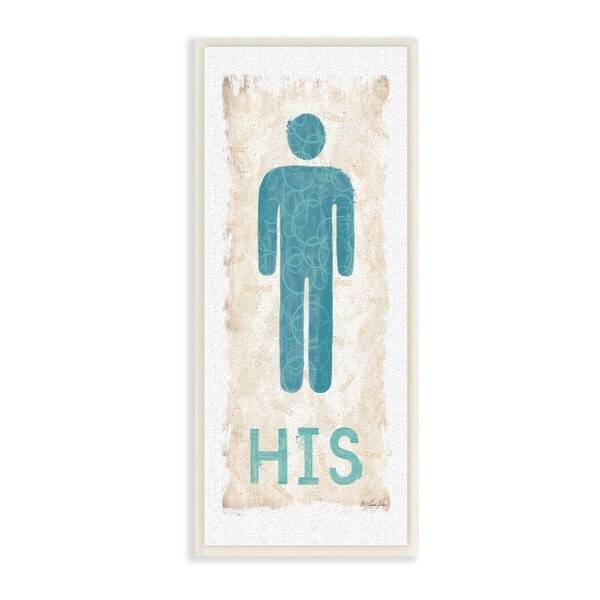 The Stupell Home Decor Blue and Tan His Bathroom Burlap Texture Typography with Icon Wall Plaque Art, 7x17, Proudly Made in USA