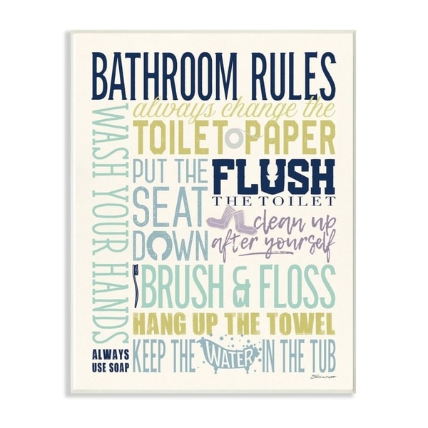 The Stupell Home Decor Bathroom Rules Aqua Blue Green and Purple Colorful Typography Wall Plaque Art, 10x15, Proudly Made in USA
