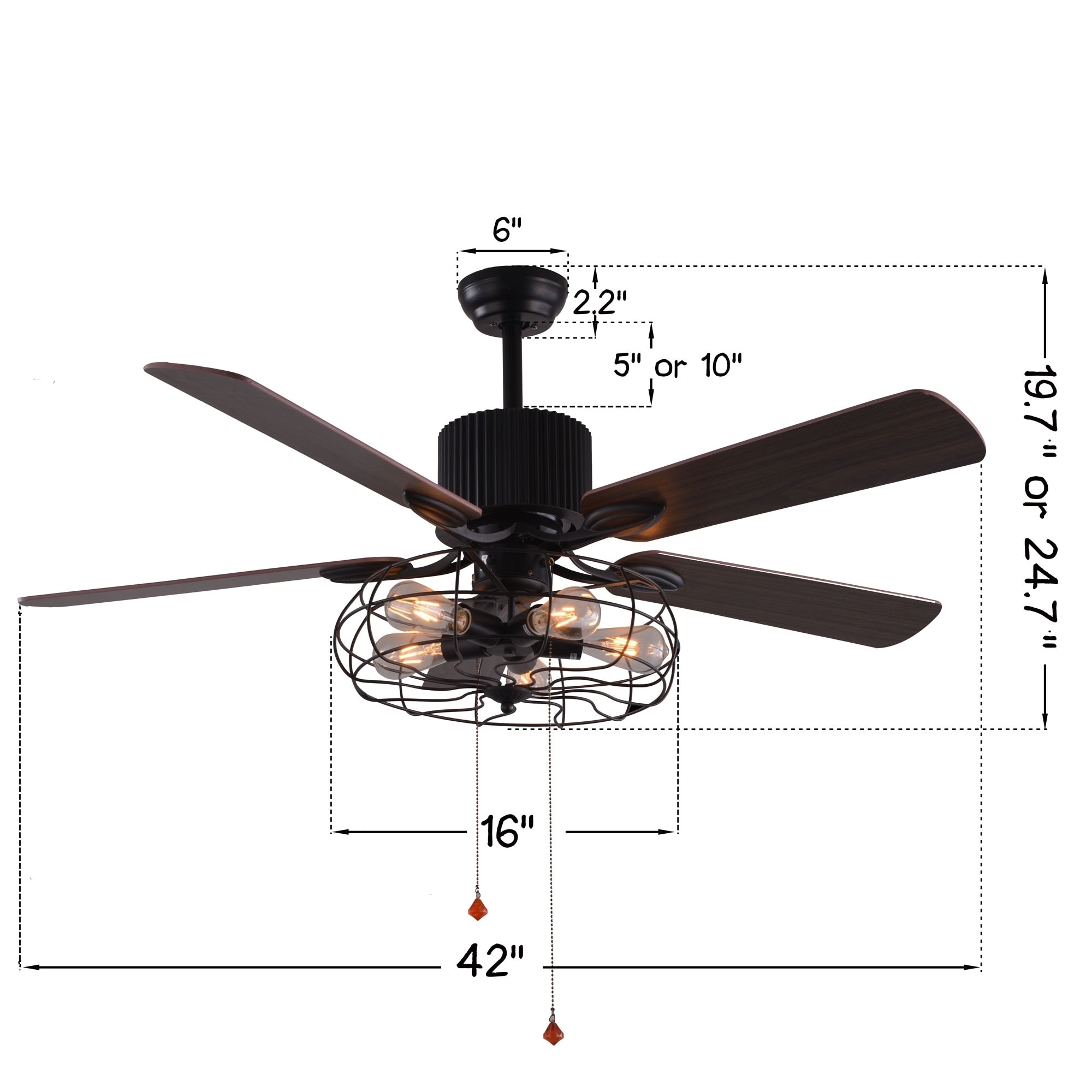 Black Industrial Ceiling Fan With Remote Control 5 Wood Reversible Blades Pull Chains