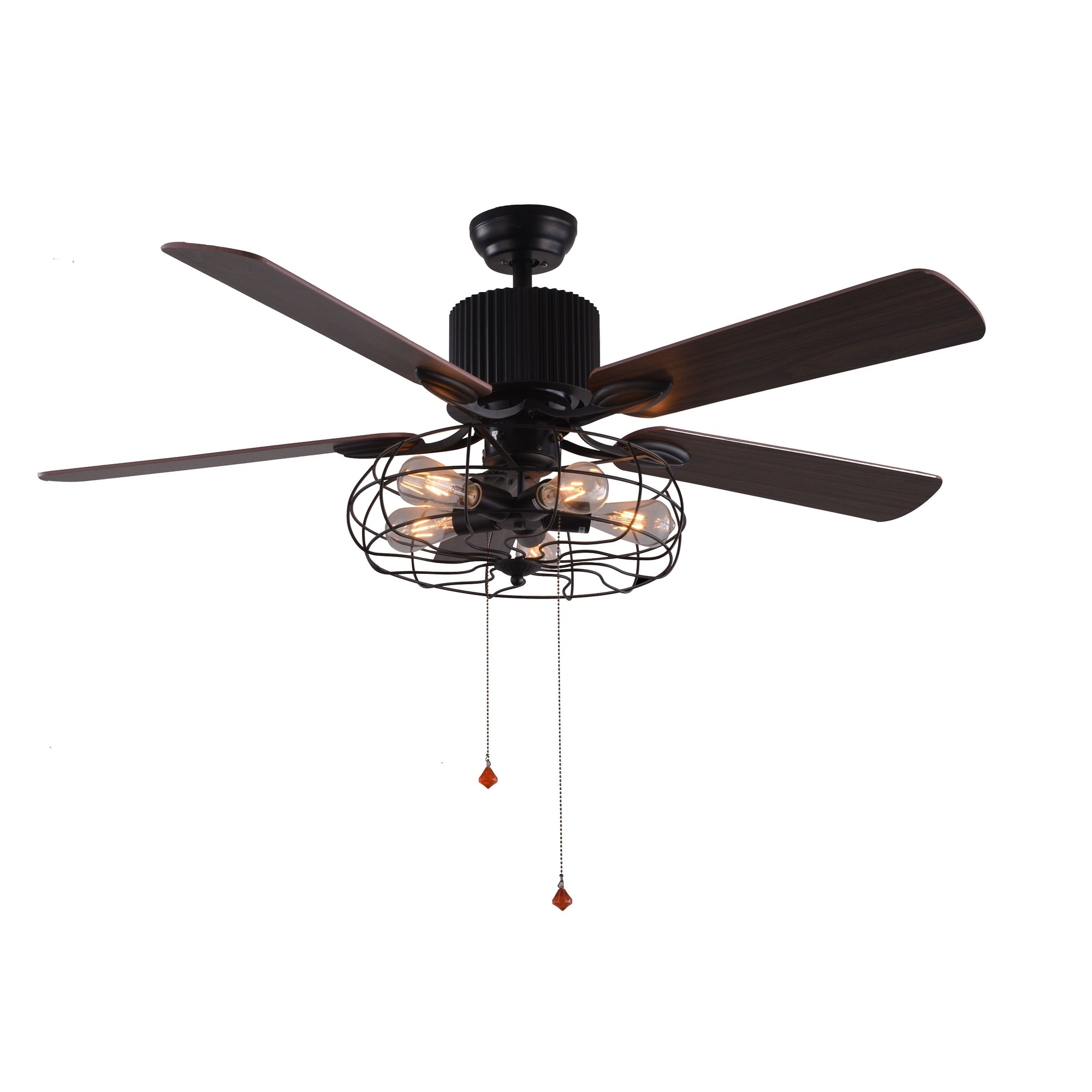 Black Industrial Ceiling Fan With Remote Control 5 Wood Reversible Blades Pull Chains