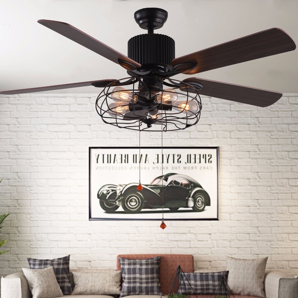 Black Industrial Ceiling Fan With Remote Control 5 Wood Reversible Blades Pull Chains