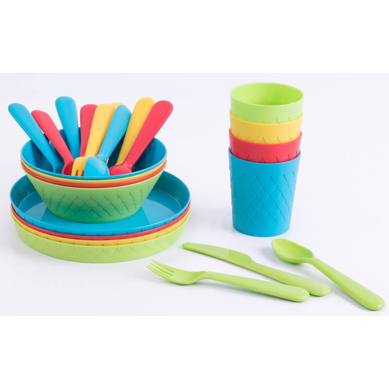 24 Kids Dinnerware Set Plastic 4 Plates Bowls Cups Forks Knives Spoons