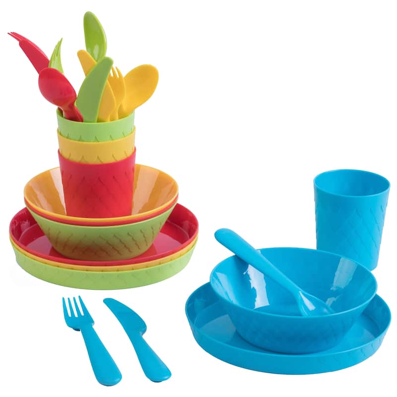 24 Kids Dinnerware Set Plastic 4 Plates Bowls Cups Forks Knives Spoons - Over 12 Piece