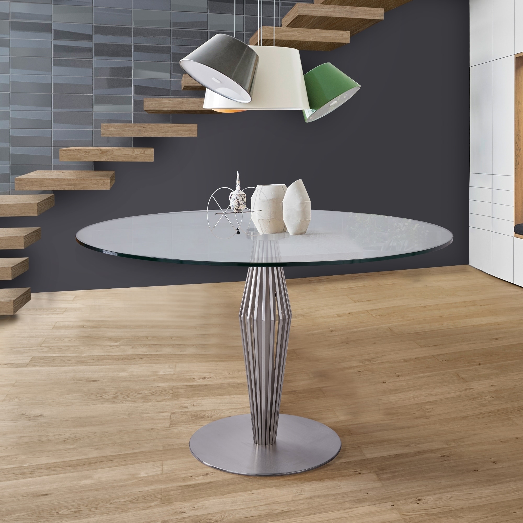 Lindsey Contemporary Dining Table in Brushed Stainless Steel Finish and Clear Glass top