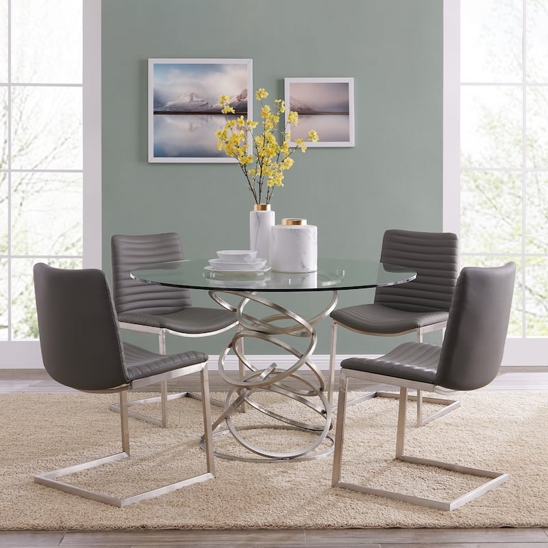 Armen Living Wendy Contemporary Dining Table in Brushed Stainless Steel Finish and Clear Glass top - Multi