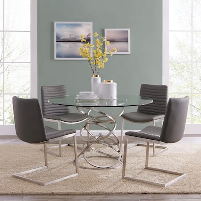 Armen Living Wendy Contemporary Dining Table in Brushed Stainless Steel Finish and Clear Glass top - Multi