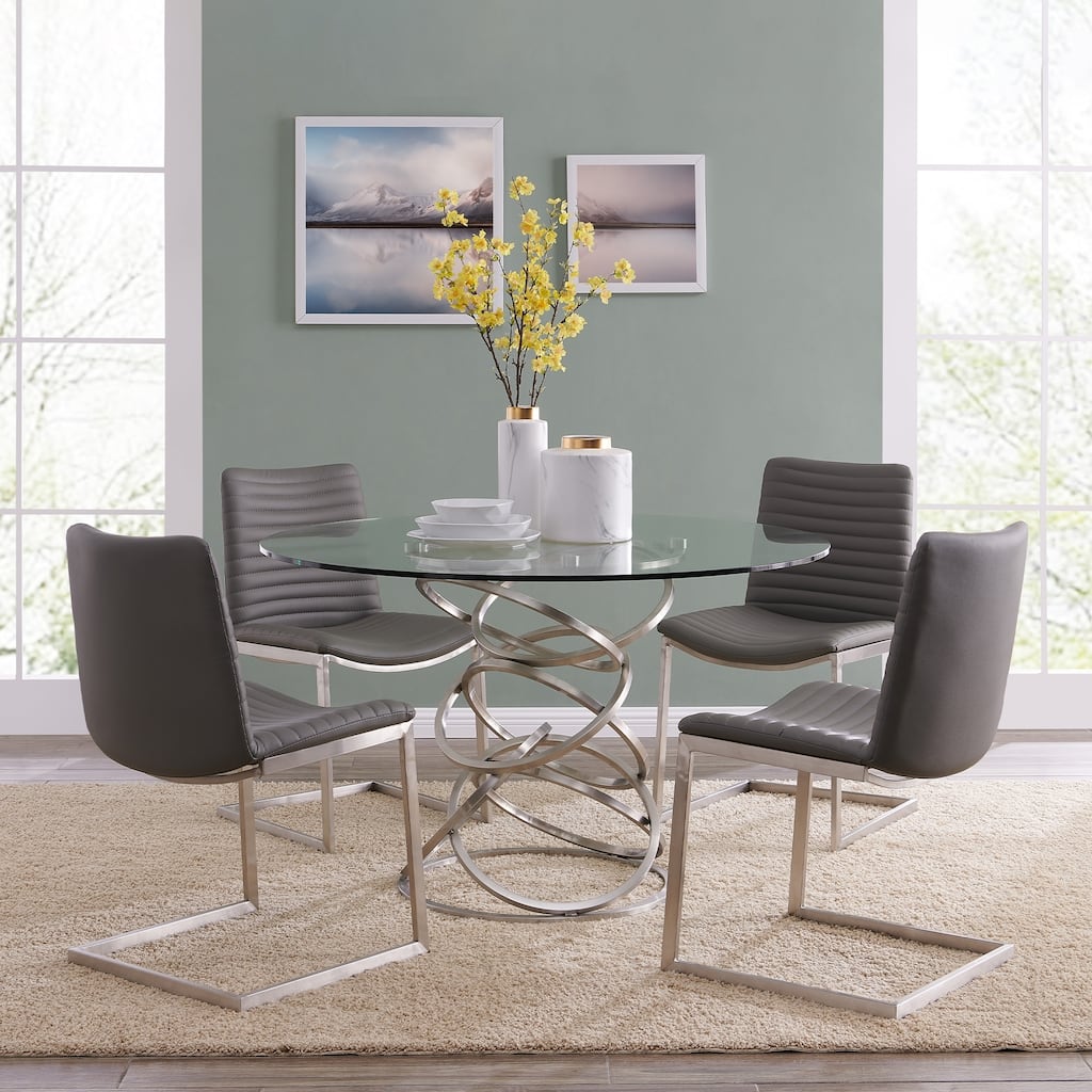 Armen Living Wendy Contemporary Dining Table in Brushed Stainless Steel Finish and Clear Glass top - Multi
