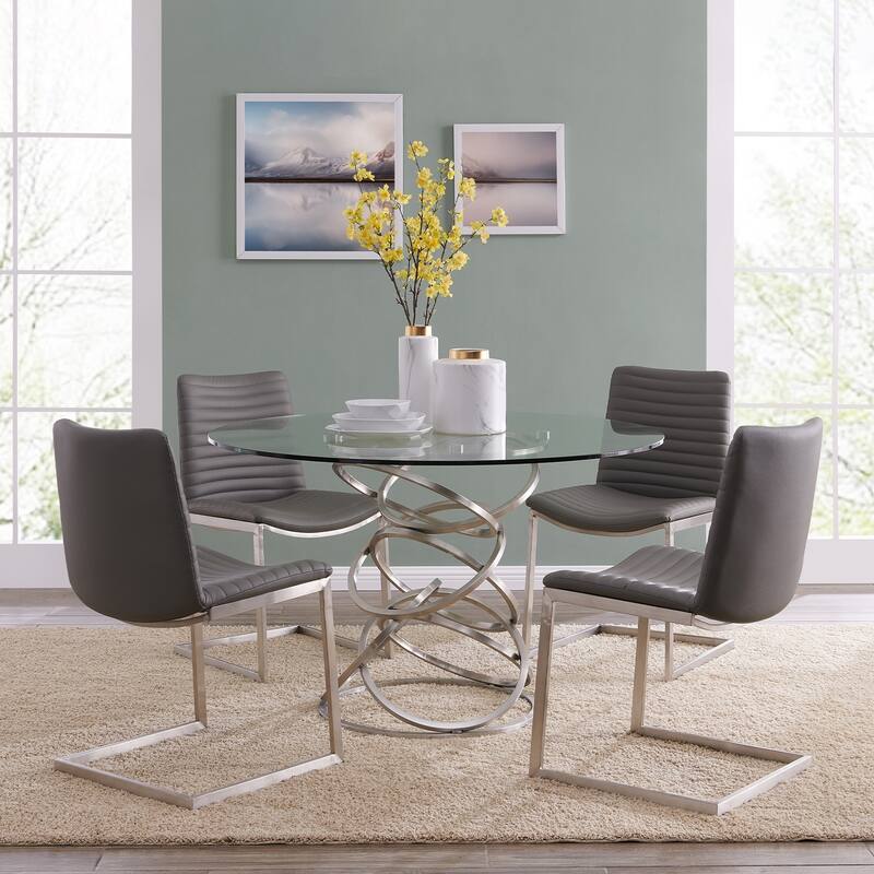 Armen Living Wendy Contemporary Dining Table in Brushed Stainless Steel Finish and Clear Glass top - Multi
