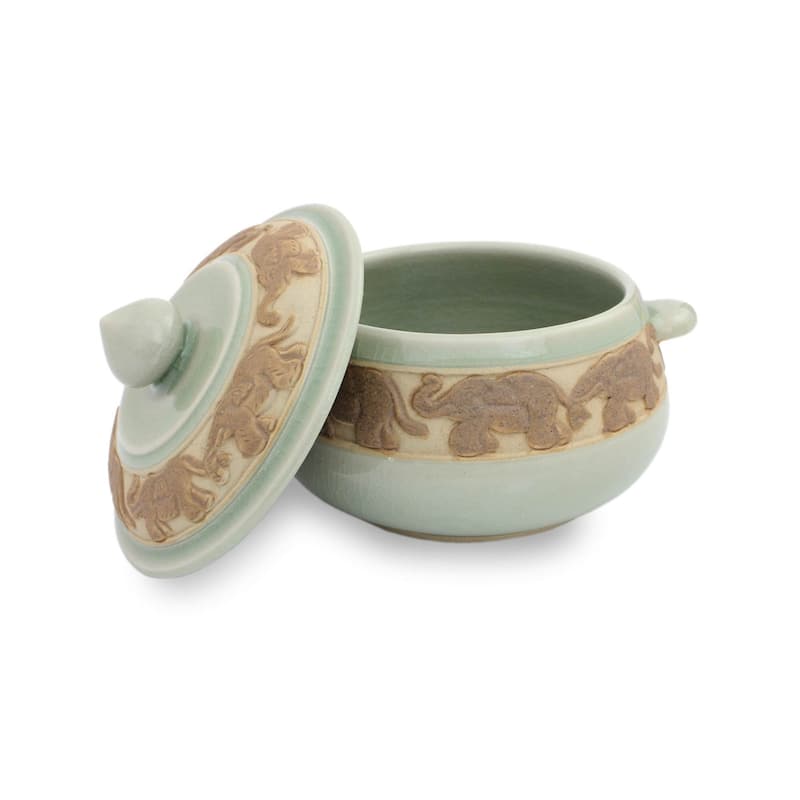 Handmade Green Elephant Walk Celadon ceramic covered bowl (India)