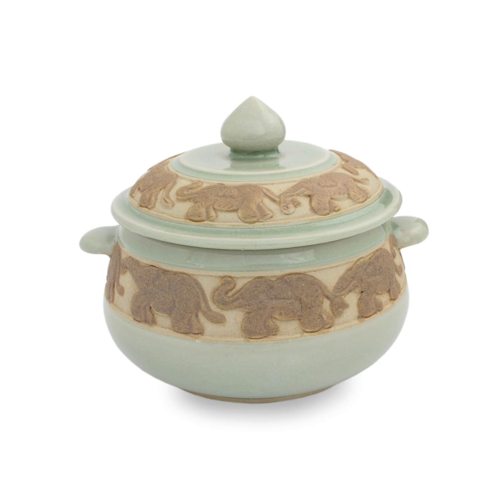 Handmade Green Elephant Walk Celadon ceramic covered bowl (India)