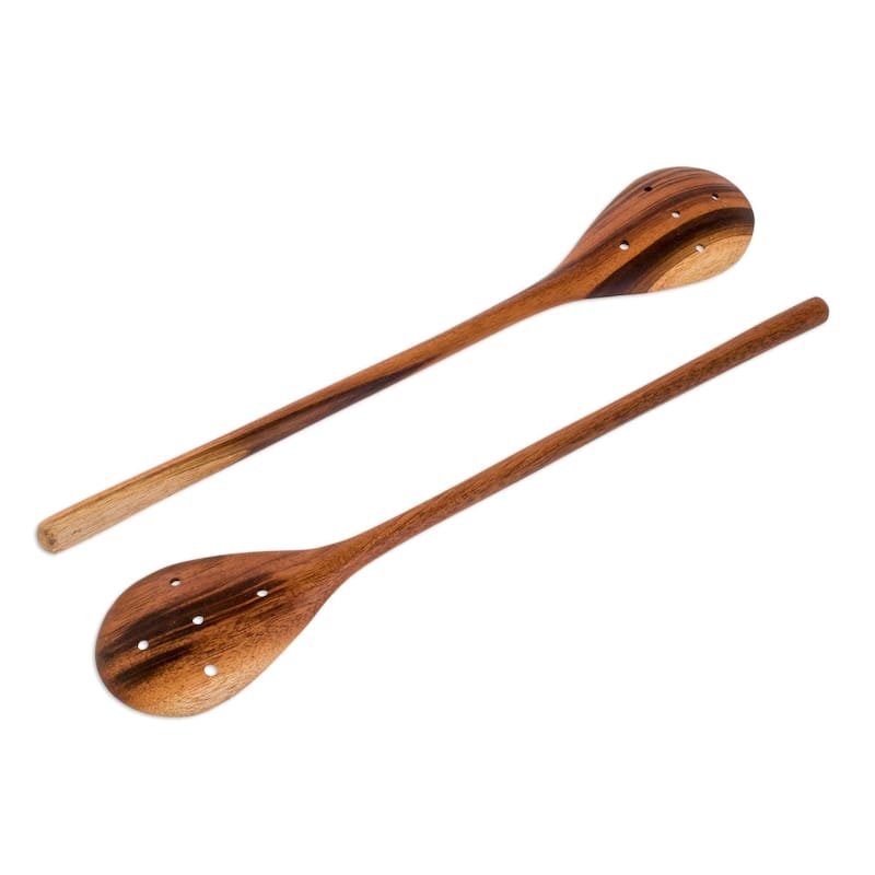 Handmade Peten Delight Wood slotted spoons (India) - 14.25" H x 2.5" W x 0.5" D