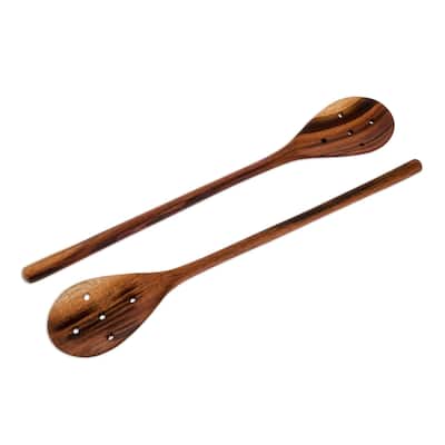 Handmade Peten Delight Wood slotted spoons (India) - 14.25" H x 2.5" W x 0.5" D