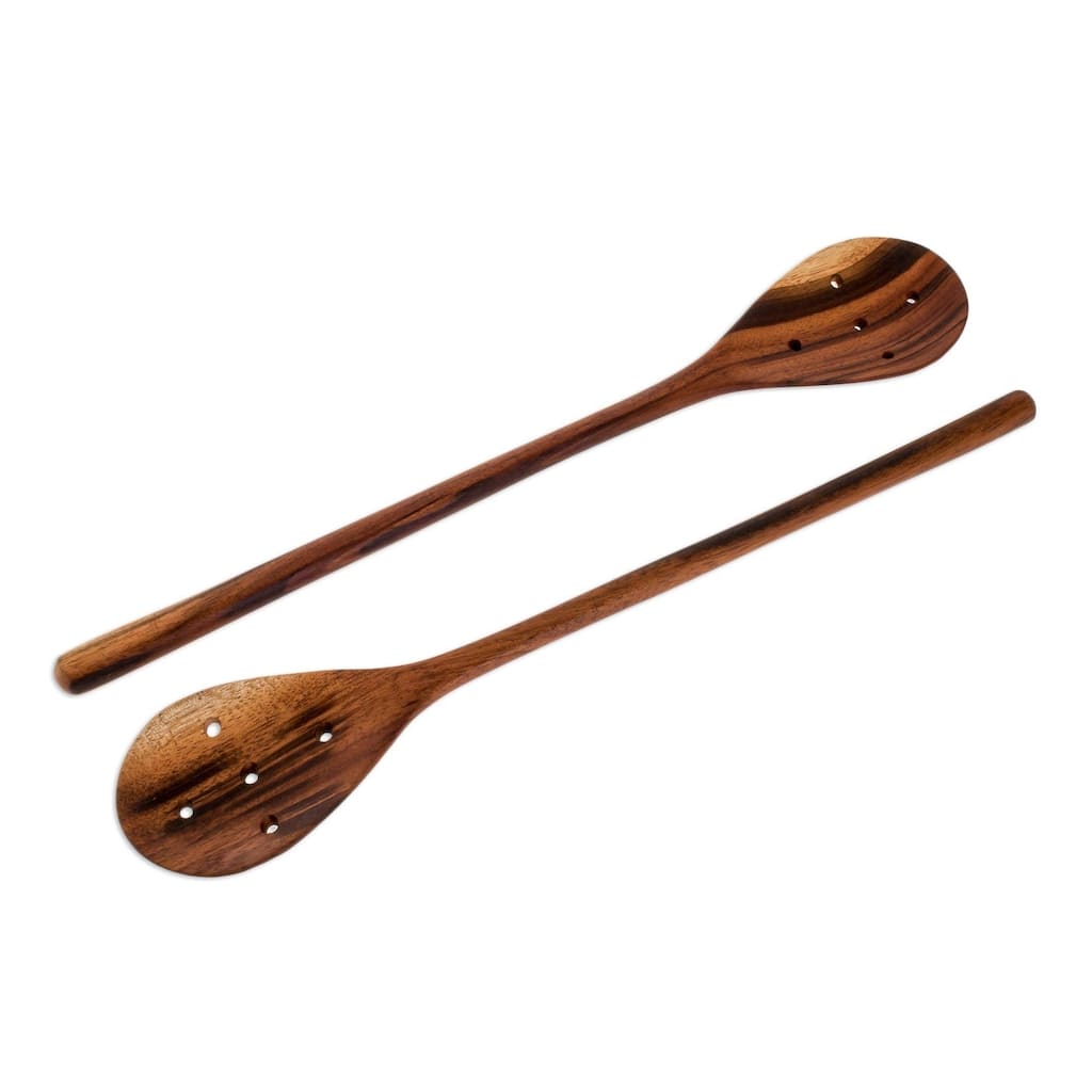 Handmade Peten Delight Wood slotted spoons (India) - 14.25" H x 2.5" W x 0.5" D