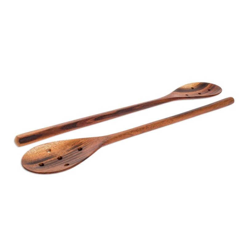 Handmade Peten Delight Wood slotted spoons (India) - 14.25" H x 2.5" W x 0.5" D