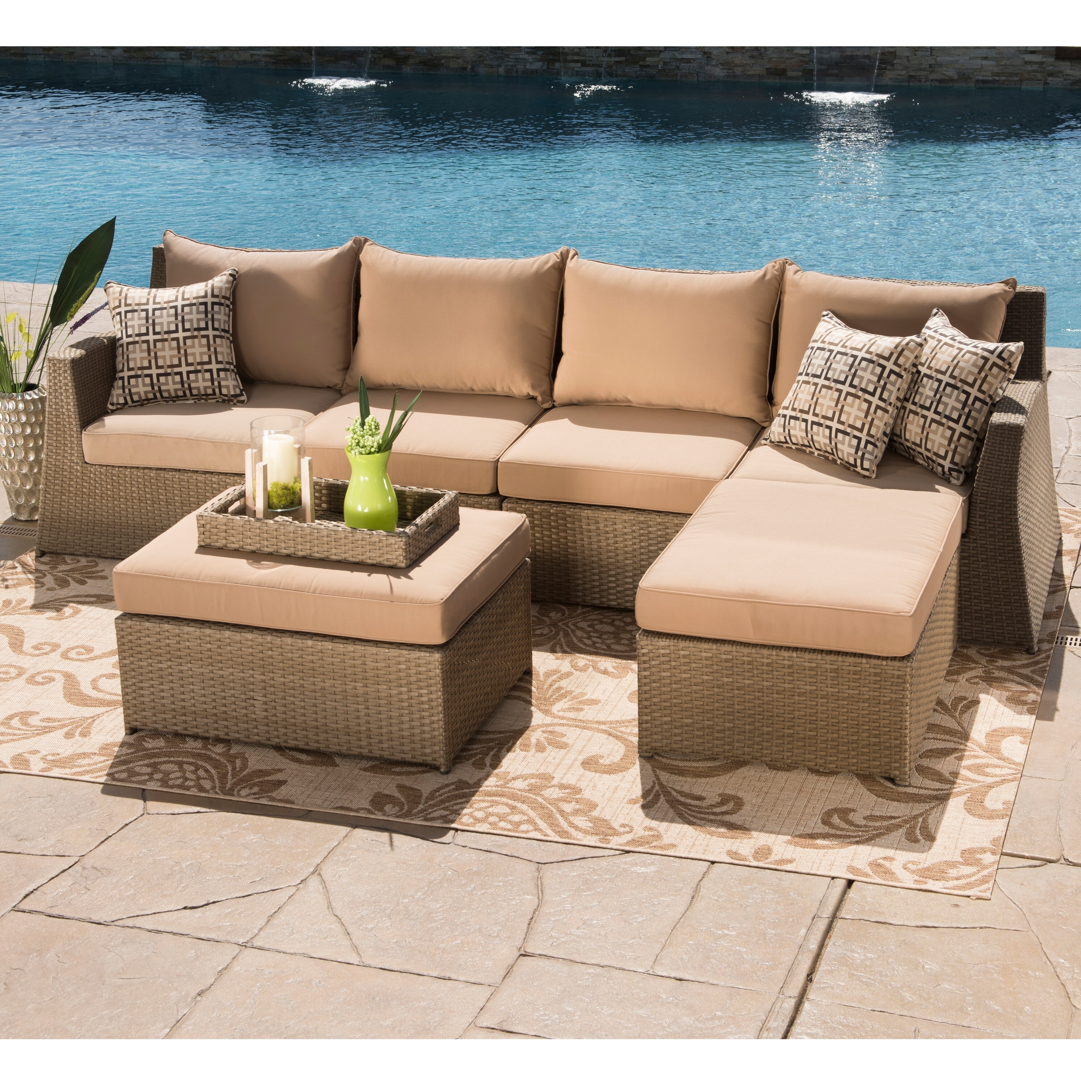 Corvus Hampton 6 Piece Sunbrella Patio Brown Wicker Deep Seating Sectional Sofa Set