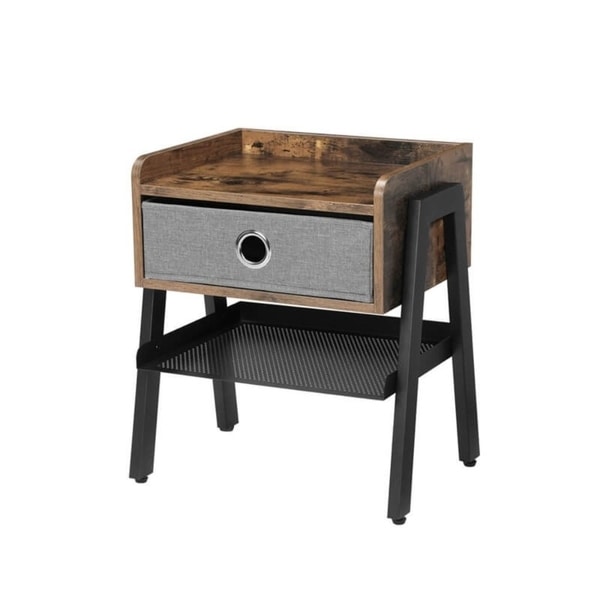 Wooden and Metal Nightstand with Removable Fabric Drawer, Brown and Black