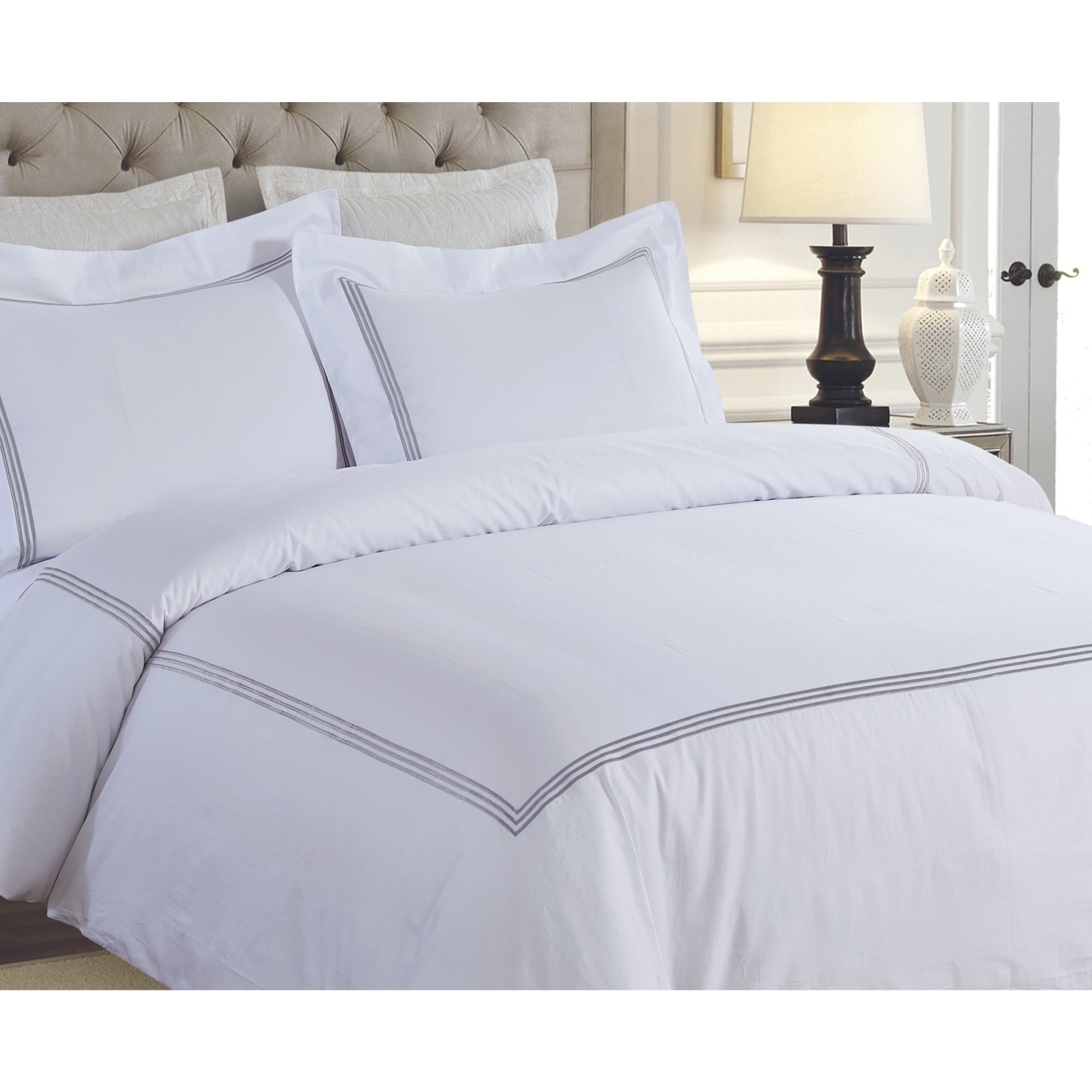 Shop 3pc Line Embroidery On White 300tc Cotton Sateen Duvet Set