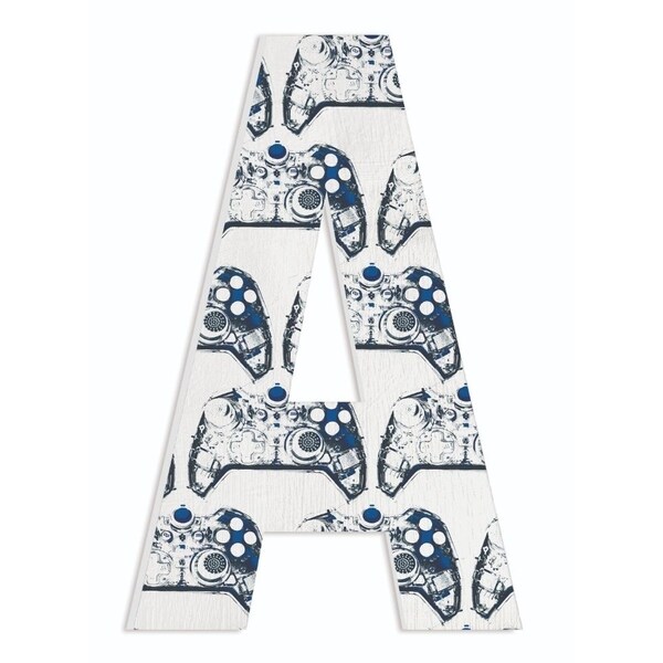 The Stupell Home Decor Navy Blue Gamer Controller Stencil Pattern on White Wash Wood Initial , 12x18, Proudly Made in USA