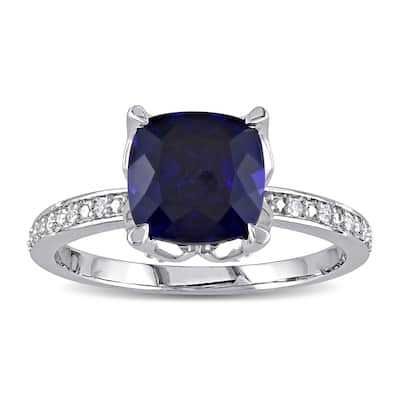 Miadora 10k White Gold Cushion-Cut Created Blue Sapphire and Diamond Ring