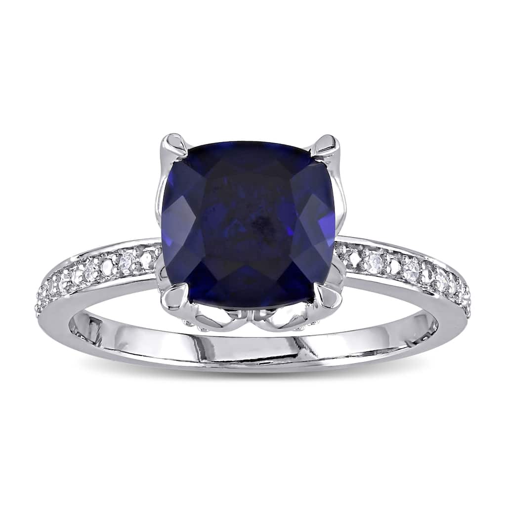 Miadora 10k White Gold Cushion-Cut Created Blue Sapphire and Diamond Ring
