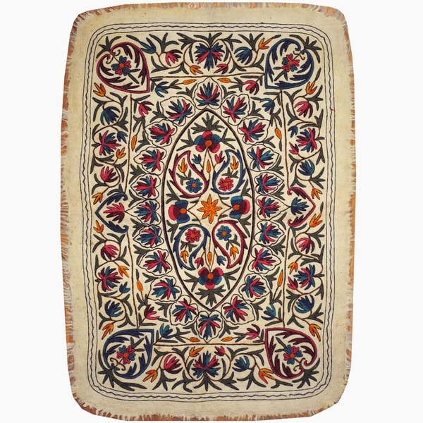 Handmade One-of-a-Kind Suzani Namad Wool Kilim (Uzbekistan) - 4' x 5'9