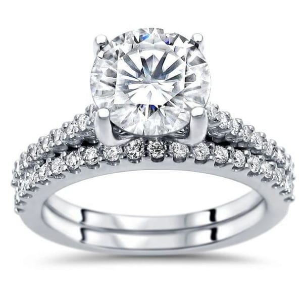 2.05ct TGW Round Moissanite and Diamond Engagement Ring Bridal Set 14k White Gold. Opens flyout.