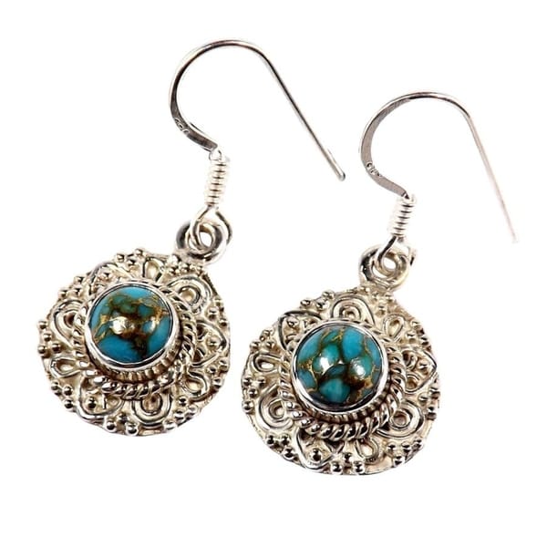 Handmade Sterling Silver Blue Copper Turquoise Earrings (India). Opens flyout.