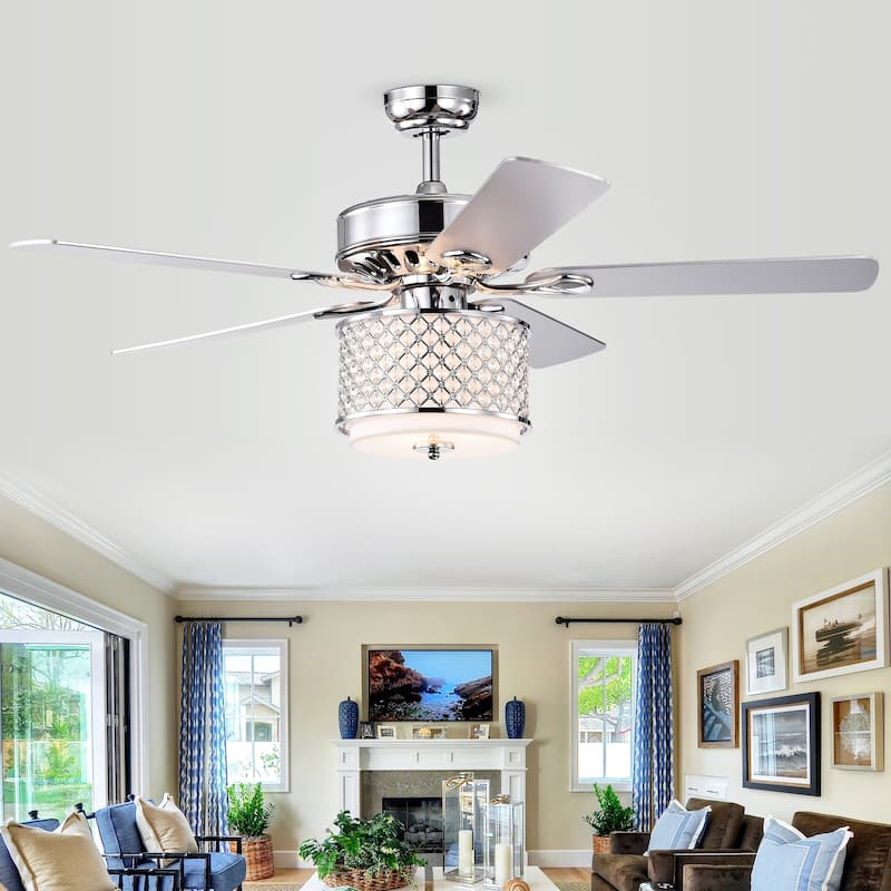 Shelee Chrome 52-Inch 5-Blade Lighted Ceiling Fan with Glass & Crystal Shade (Incl. Remote & 2 Color Option Fan Blades)