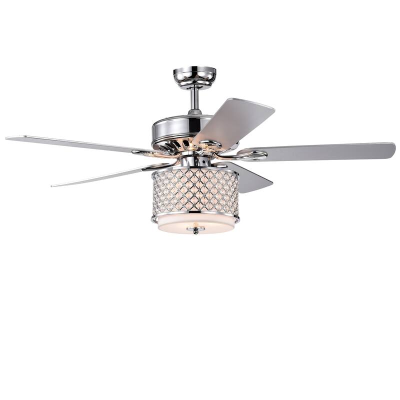 Shelee Chrome 52-Inch 5-Blade Lighted Ceiling Fan with Glass & Crystal Shade (Incl. Remote & 2 Color Option Fan Blades)