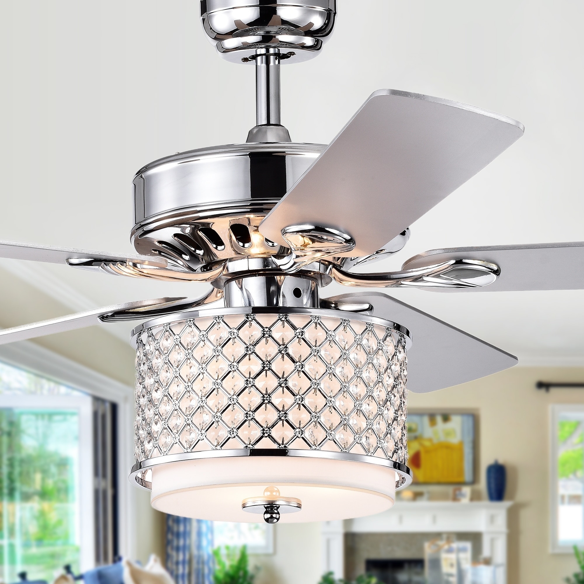 Shelee Chrome 52 Inch 5 Blade Lighted Ceiling Fan With Glass Crystal Shade Incl Remote 2 Color Option Fan Blades