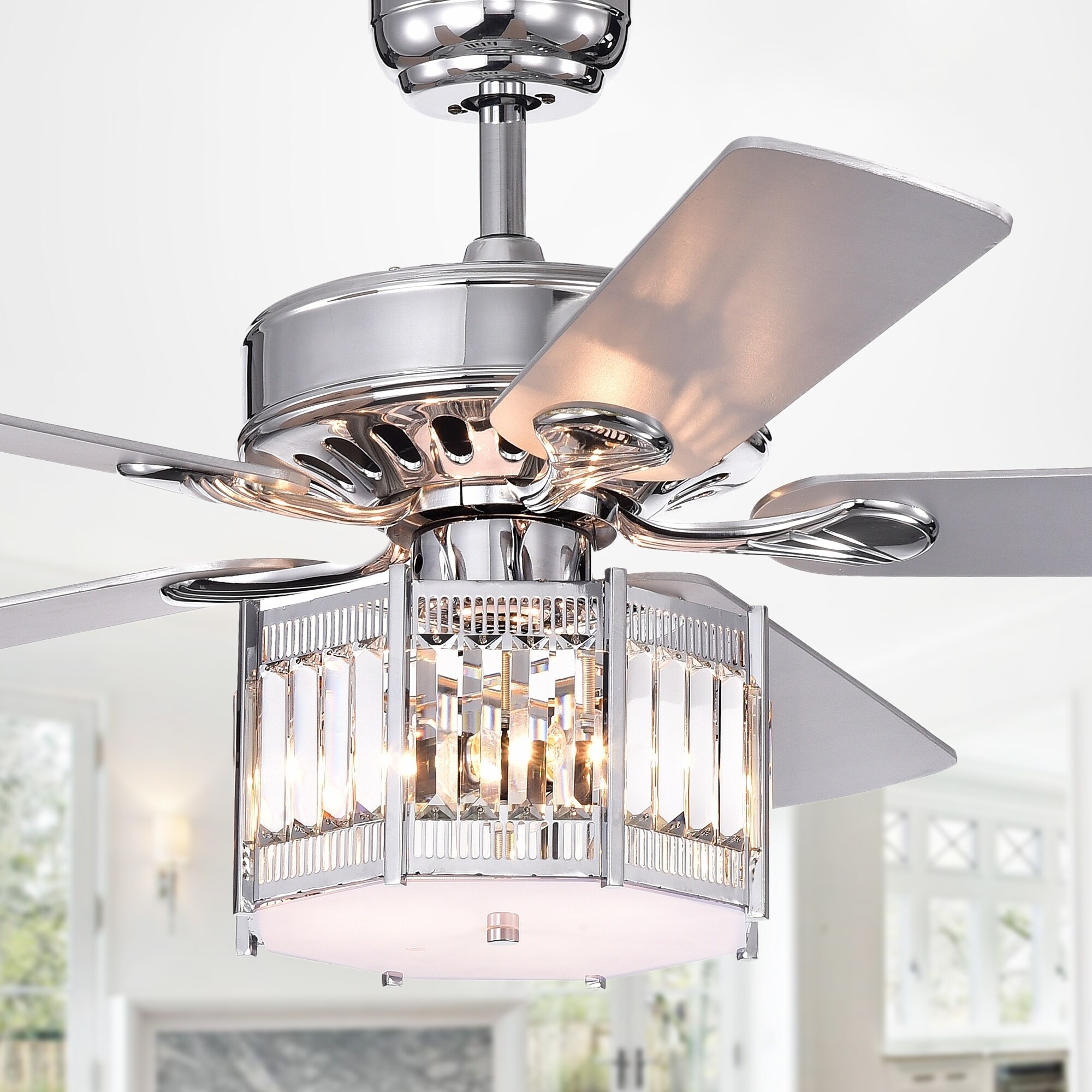 Valens Chrome 52 Inch 5 Blade Lighted Ceiling Fan With Octogon Shade Incl Remote 2 Color Option Fan Blades O 52 X H 20 87