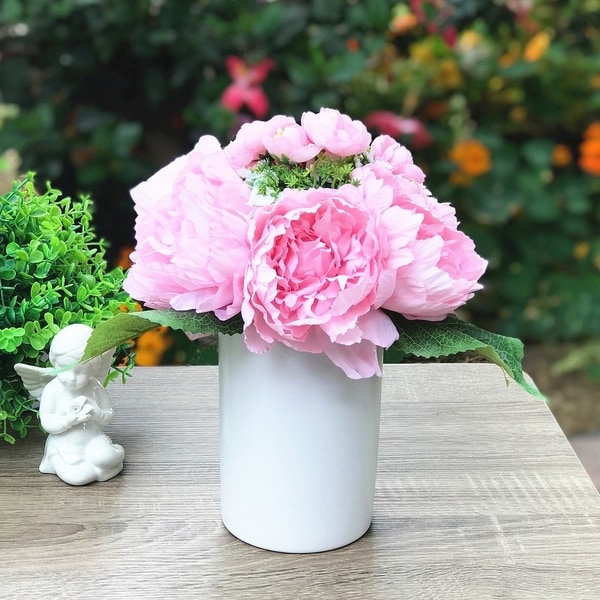 Enova Home Pink Silk Peony Flower Arrangement in White Ceramic Vase For Home Office Decoration