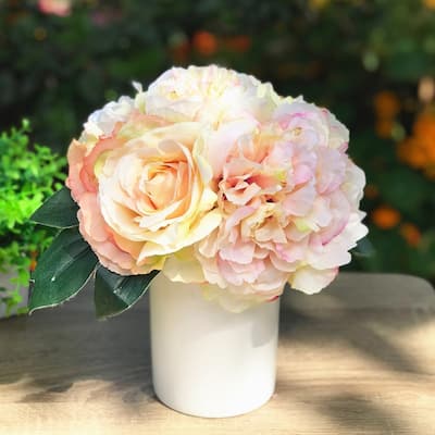 Enova Home Champagne Artificial Silk Peony and Roses Mixed Fake Flowers Arrangement in White Ceramic Vase for Home Decoration