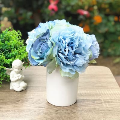 Enova Home Artificial Blue Fake Silk Peony and Roses Mixed Flowers Arrangement in White Ceramic Vase for Home Wedding Decor