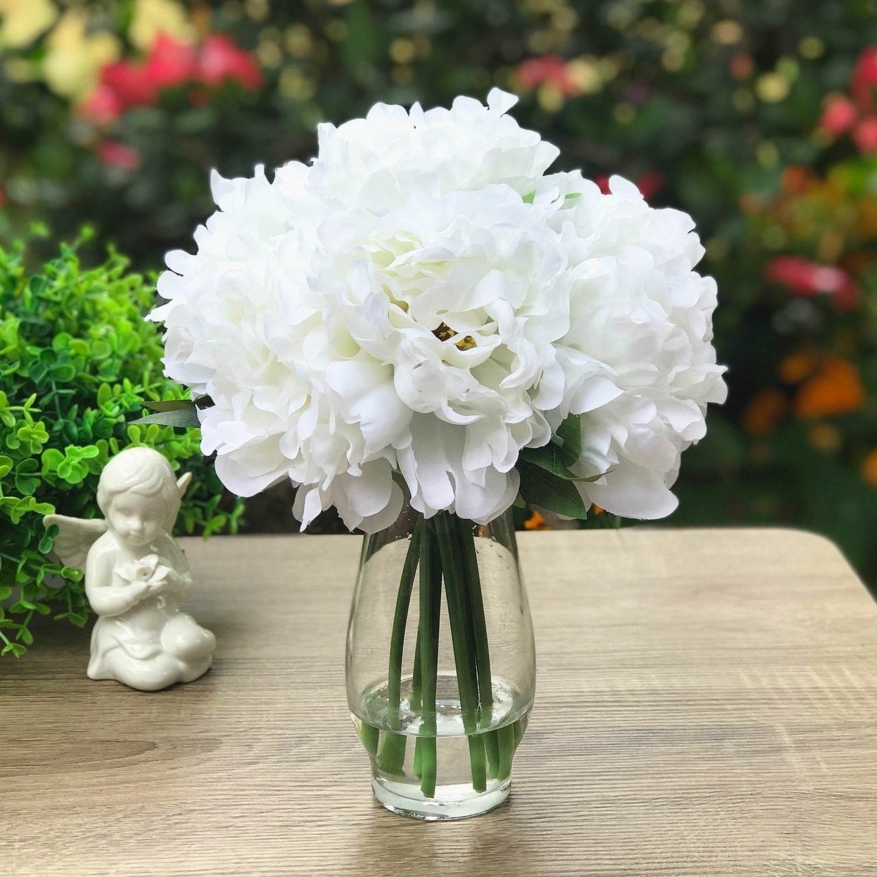 Shop Enova Home White Silk Peony Flower Arrangement In Clear Glass