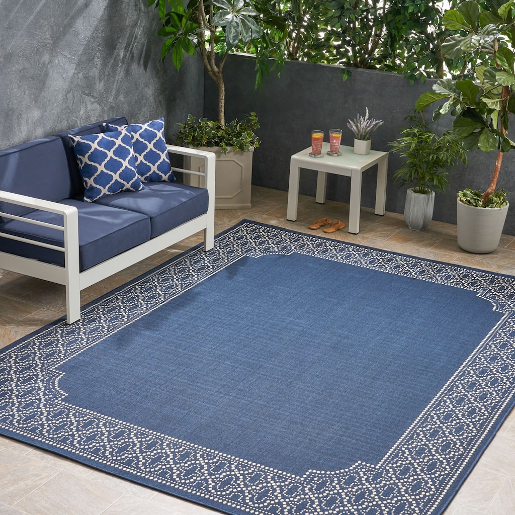 Midnight Outdoor Border Fabric Navy and Ivory Area Rug by Christopher Knight Home
