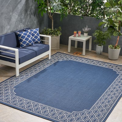 Midnight Outdoor Border Fabric Navy and Ivory Area Rug by Christopher Knight Home