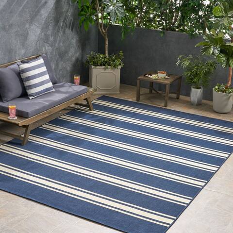 Christopher Knight Home Cabana Navy/Ivory Outdoor Striped Area Rug