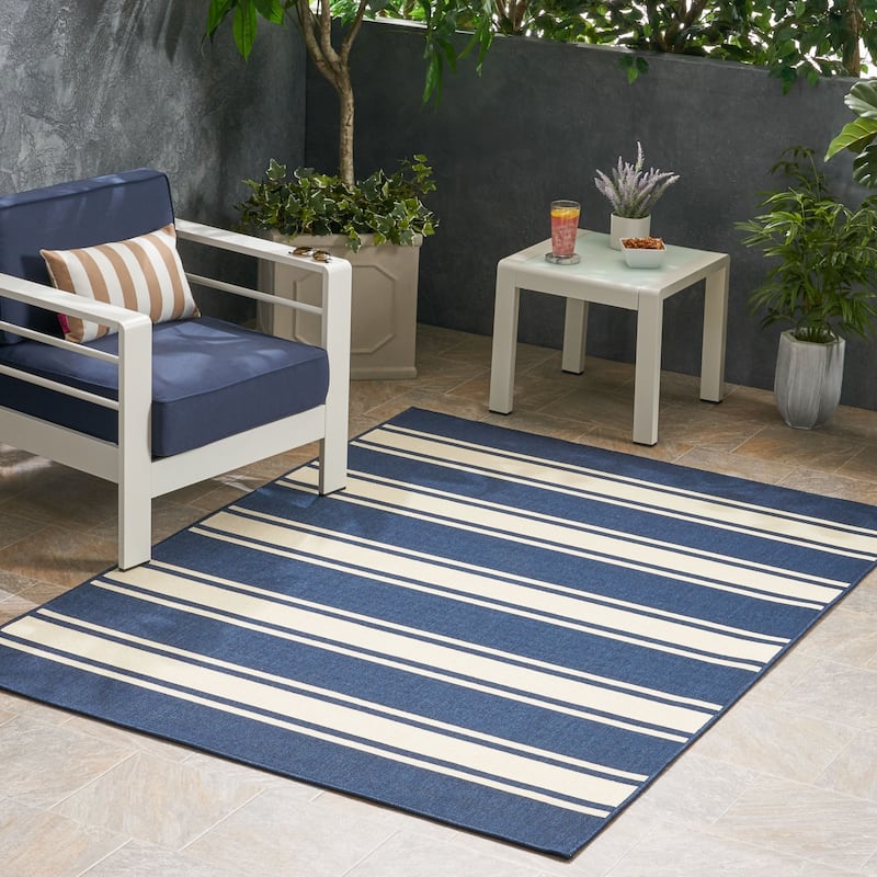 Cabana Outdoor Stripe Fabric Navy and Ivory Area Rug by Christopher Knight Home