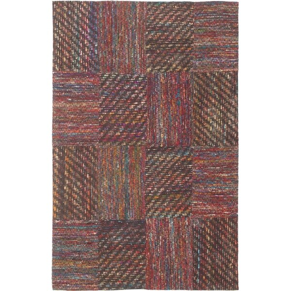 ECARPETGALLERY Handmade Collage Black, Dark Red Chenille Rug - 5'0 x 7'11